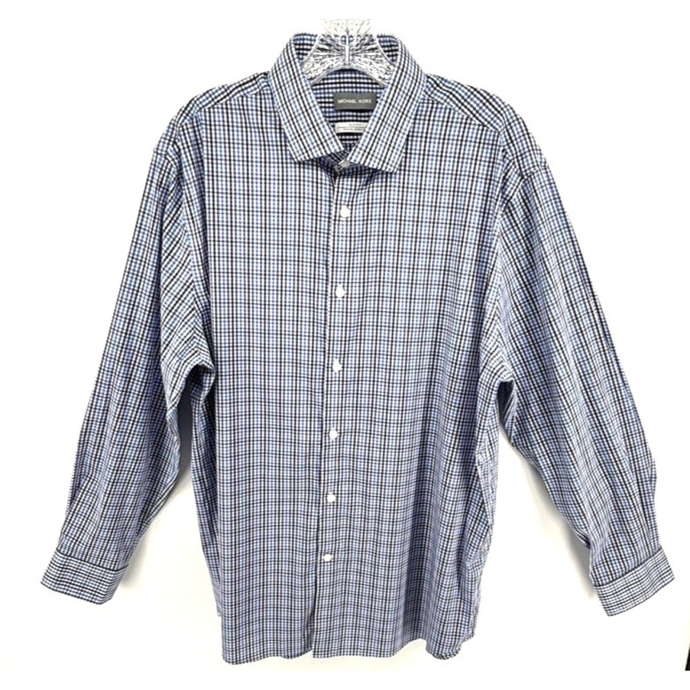 Michael Kors Mens Shirt Slim Fit XL 32/33 Travel Stretch Check Business Classic